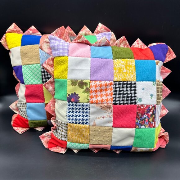 Vintage Throw Pillows Handmade Patchwork Rainbow Polyester Knit Set Of 2 Retro - Picture 1 of 9